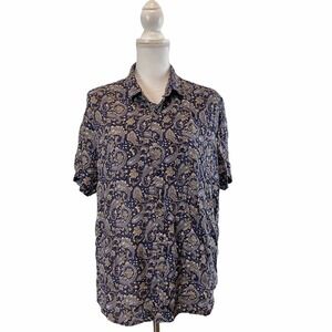 XL Denim & Flower Button Down Shirt Paisley Print Artsy Summer Work Office